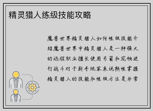 精灵猎人练级技能攻略