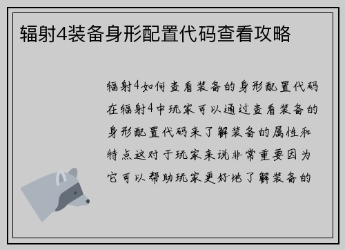辐射4装备身形配置代码查看攻略